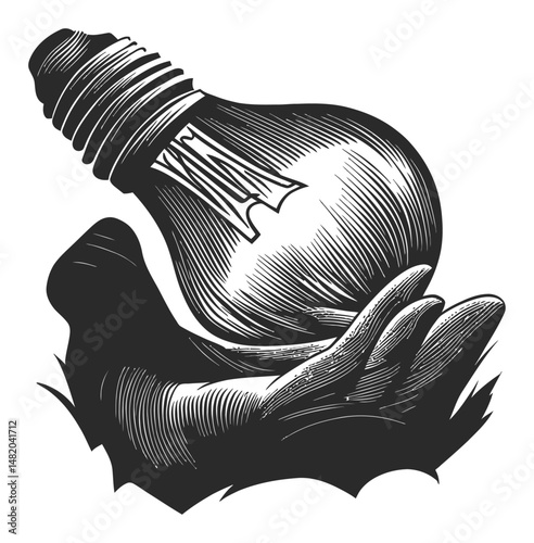 Hand Holding Light Bulb in Elegant Black and White Vintage Style Art