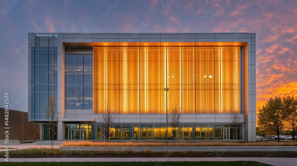 Fototapeta premium Illuminated Modern Building at Sunset
