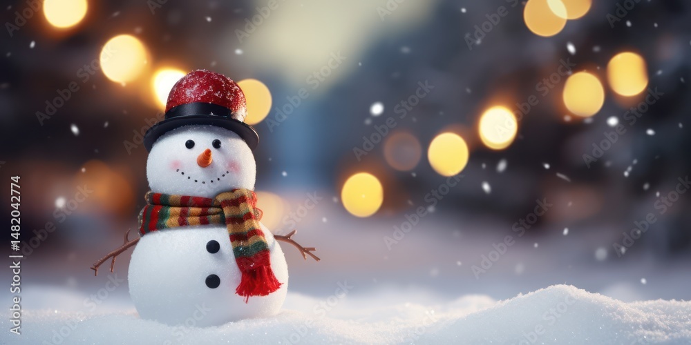 Obraz premium A snowman with a red hat and scarf, standing in a snowy landscape with a blurred background of lights and trees.