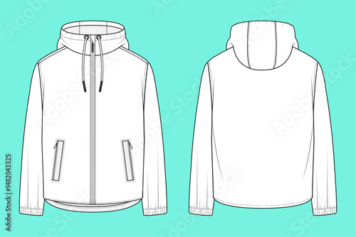 Zip Through Hoodie black and white fashion flat sketch template outline CAD mockup.	