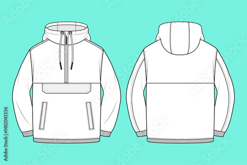 Black and White outwear half zip though hoodie outline flat sketch template Front and Back views.