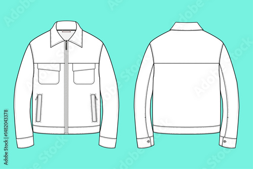 Men's Zip Through black and white outwear jacket outline flat sketch template Front and Back views.