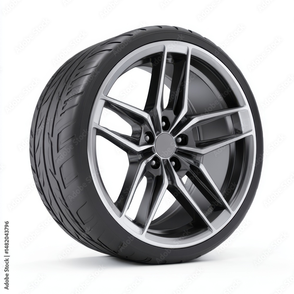 Fototapeta premium Car tire with rim five spokes design on white background