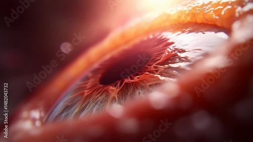 Close-up of a human eye revealing intricate details and textures in vibrant colors during golden hour lighting