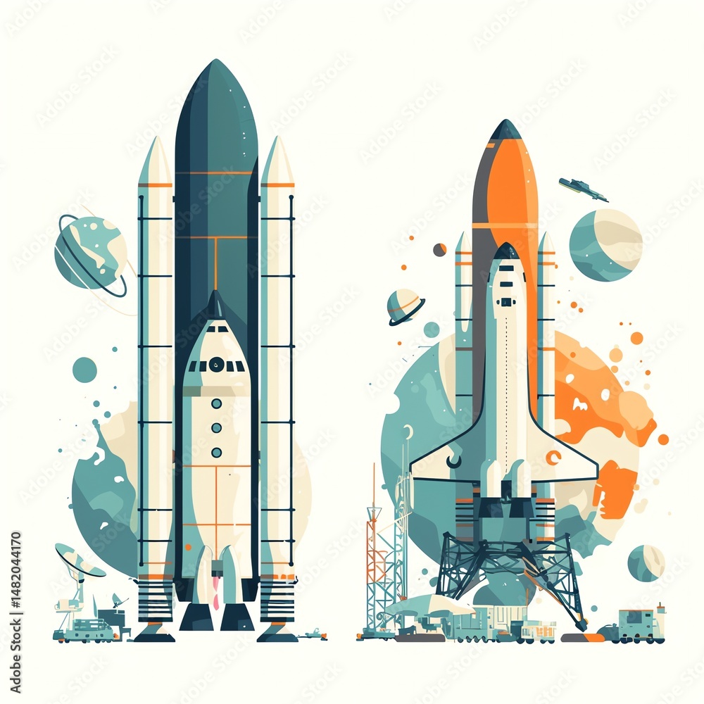 Obraz premium Rockets Ready for Liftoff A Stunning Visual Depiction of Space Exploration, Featuring Two Powerful Spacecraft Poised for Launch.