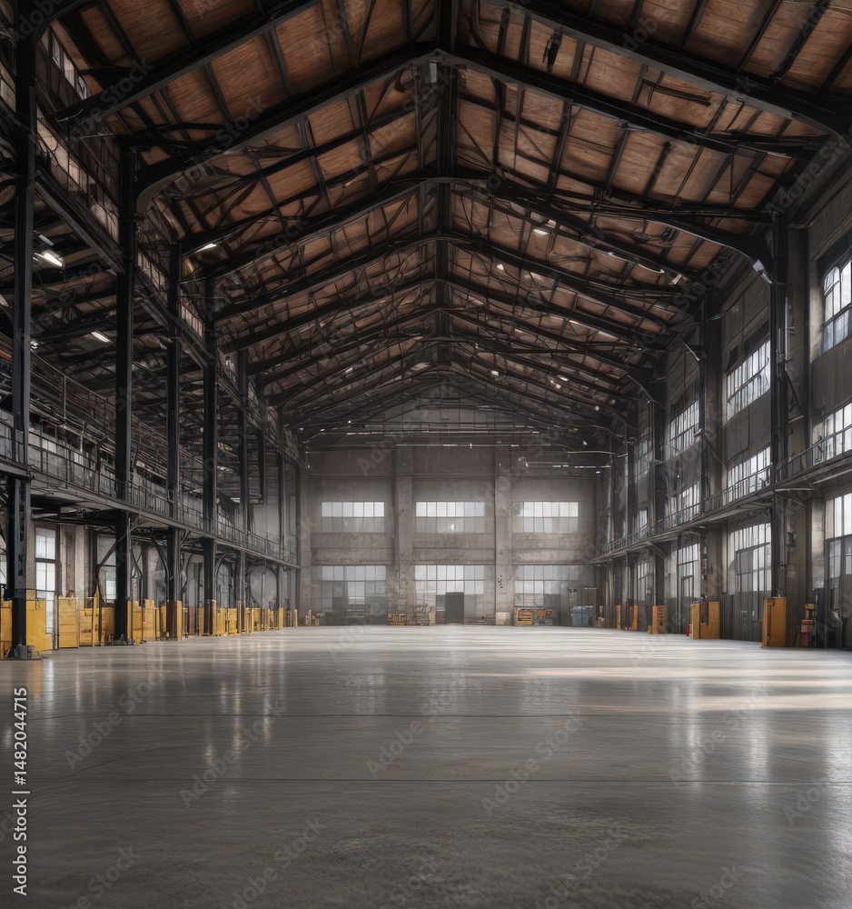 Obraz premium Spacious warehouse interior, high ceilings, visible metal framework , ceiling, exposed beams