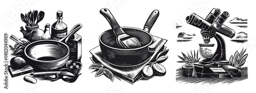 Detailed Black and White Illustrations of Kitchenware and Laboratory Equipment