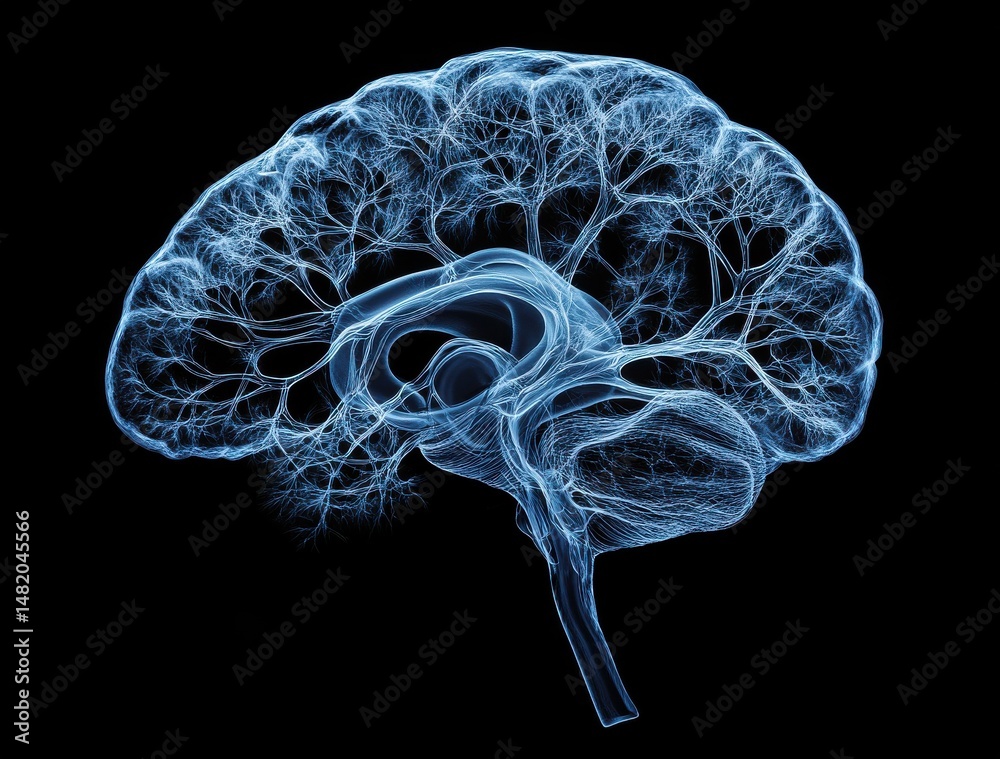 Abstract Blue Digital Brain Illustration on Black Background Abstract Blue Digital Brain Illustration on Black Background