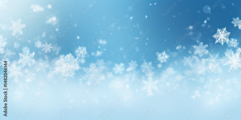 Fototapeta premium A snow-covered landscape with a blue sky and white snowflakes falling.