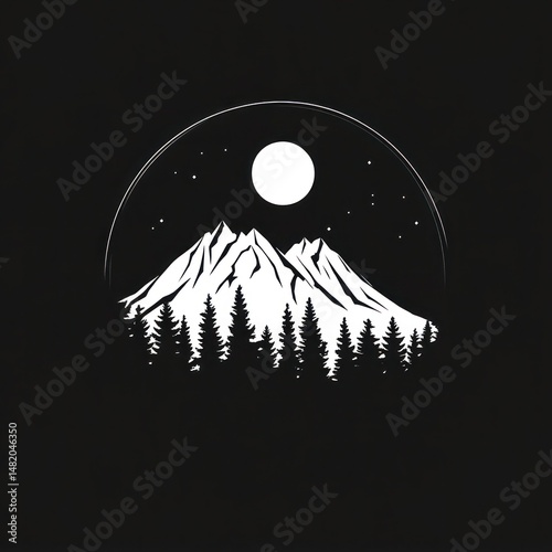 A simple vector icon of a mountain range with trees, representing wilderness adventure. 