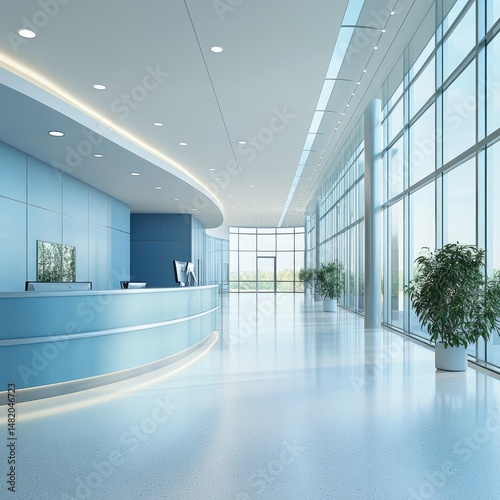 Modern, bright reception area with curved desk,  large windows, and potted plants