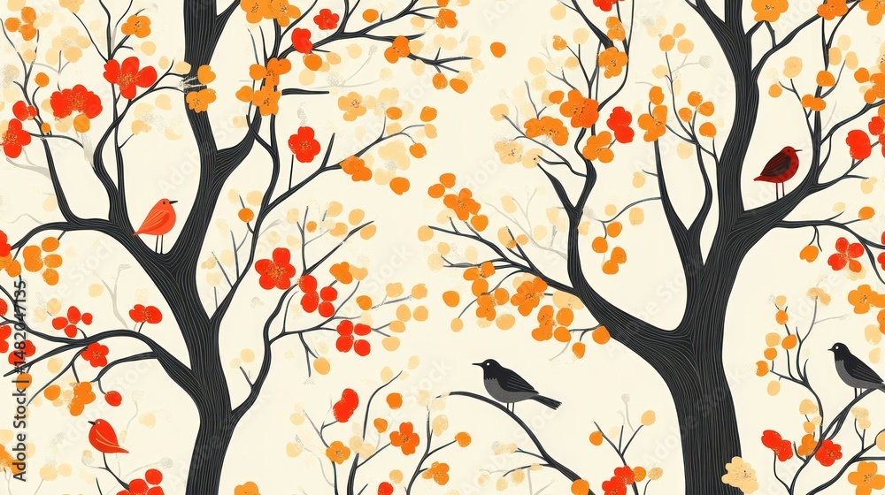 Fototapeta premium Autumnal Tree with Birds and Blossoms: A Serene Illustration