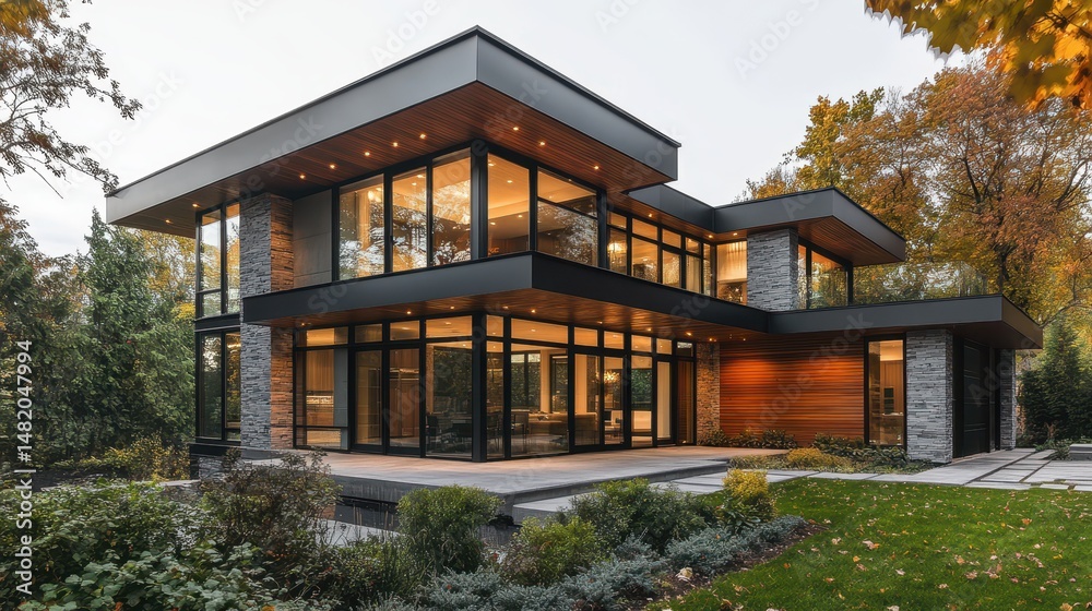 Fototapeta premium Modern two-story glass house surrounded by autumn foliage