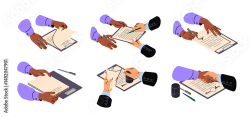 Set of signing notarial documents, papers. People read, make contracts. Hands put seal, signature on agreement, handshaking. Business deal and partnership. Flat isolated vector illustration on white