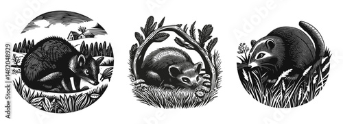 Detailed Black and White Illustrations of Animals in Natural Settings