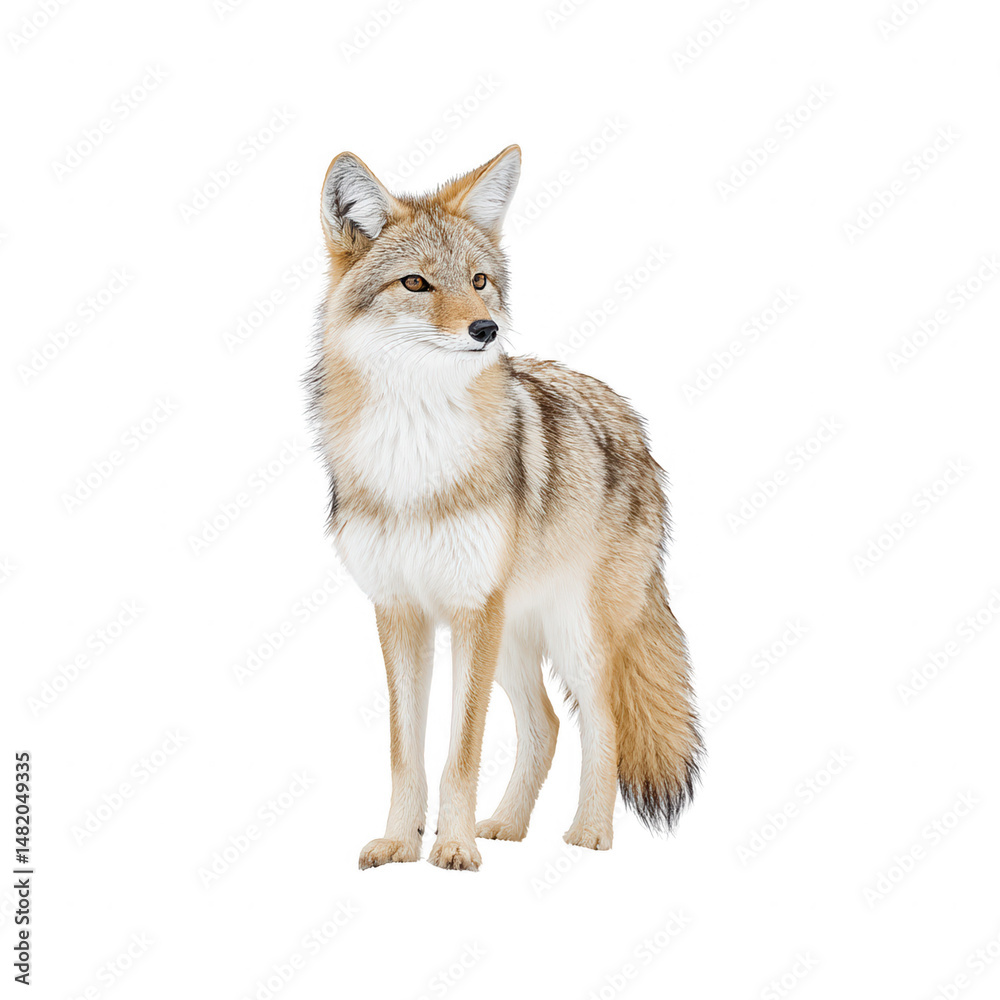 Fototapeta premium A coyote stands alert on a white background, looking to its right side.