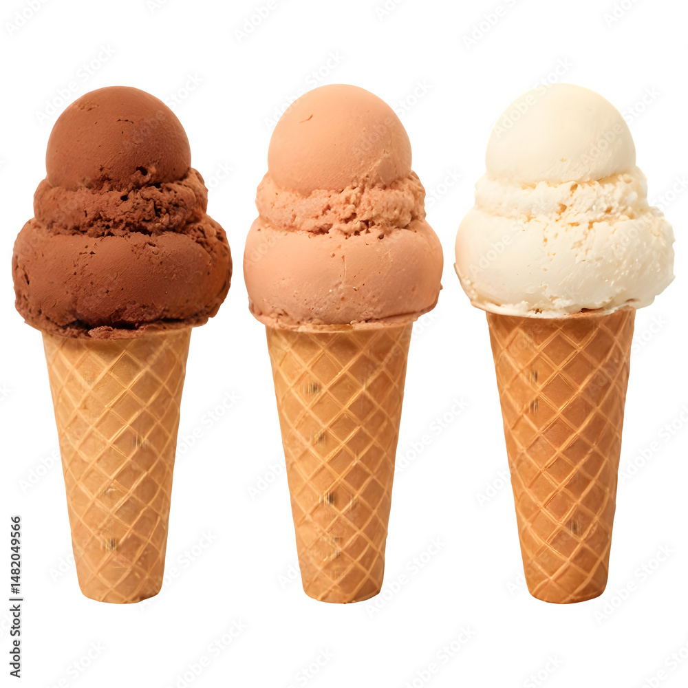 Delicious Chocolate, Vanilla, and Caramel Ice Cream Cones isolated on transparent background
Delicious Chocolate, Vanilla, and Caramel Ice Cream Cones isolated on transparent background
