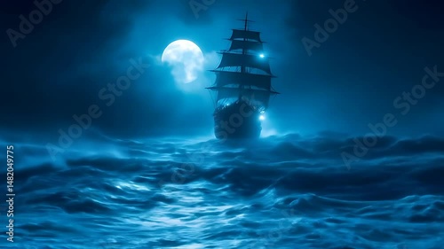 Sailing Ship Navigating Stormy Ocean Under Moonlight