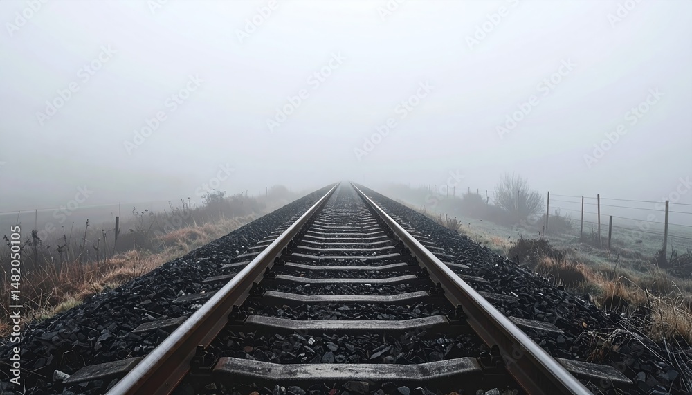 Fototapeta premium A misty railway track stretches into the distance disappearing into the fog