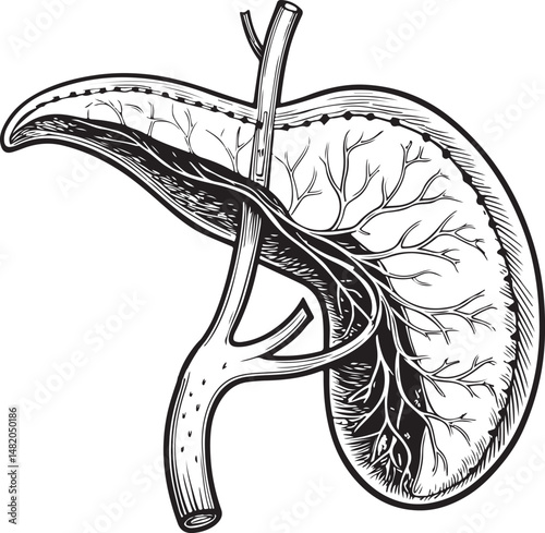 Gallbladder, Human Anatomy, Organ, Black and White Vector Illustration, Sketch Drawing Line Linear Symbol Icon Engraving, Hand-drawn Isolated