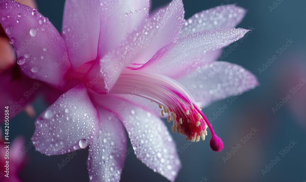 Fototapeta premium Macro shot of Christmas cactus flower with delicate pink petals and vivid magenta center