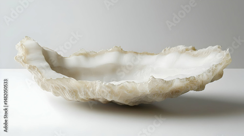 Abstract, sculpted,  creamy-white,  elongated  vessel, resembling a  fossilized  shell or  organic  form