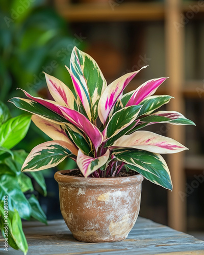 Vibrant Stromanthe Triostar plant in a decorative clay pot, lush variegated leaves in rich green, cream, and pink tones photo