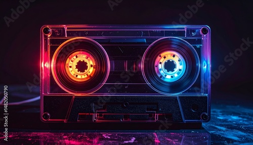 A vibrant cassette tape glows under neon lights