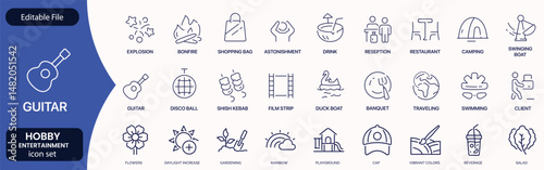 Hobby and recreation linear icons collection. Hobbies for children and adults at home and outdoors. Sports, diving, dancing, reading, drawing, music and singing. Editable stroke outline icon