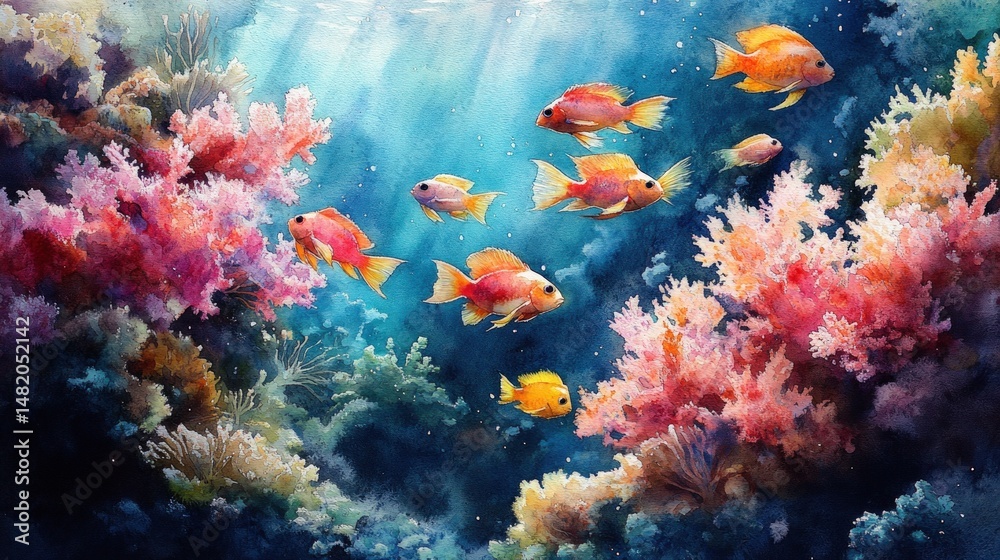 Obraz premium Vibrant coral reef teeming with colorful fish. Sunlight streams through the water, illuminating the vibrant ecosystem