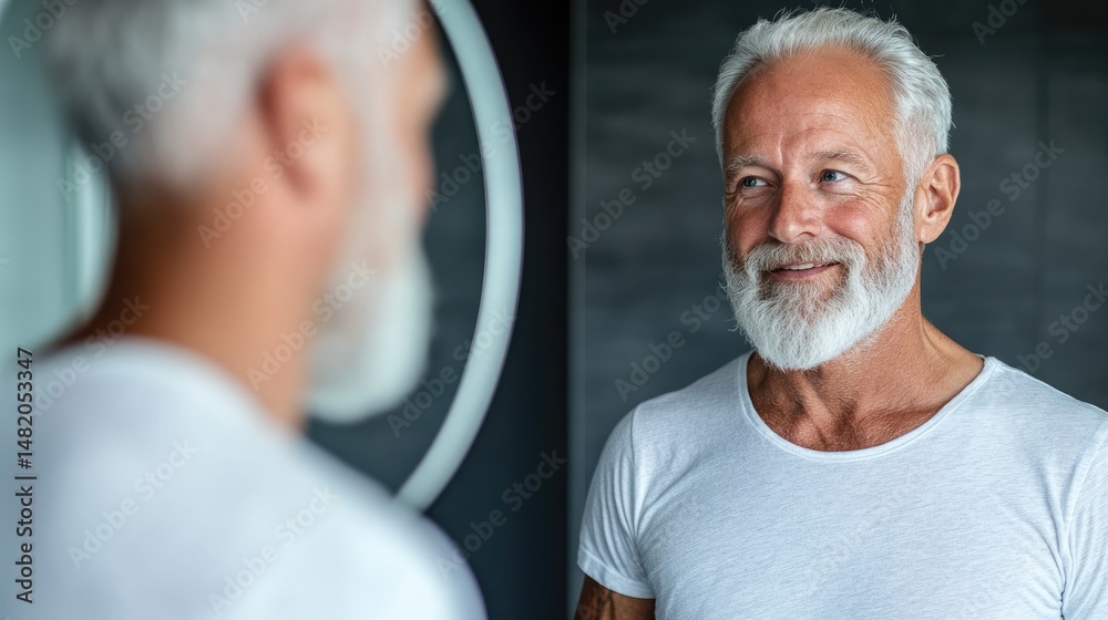 An elderly man, surprised, watches his younger self smiling back from the mirror. An elderly man, surprised, watches his younger self smiling back from the mirror.