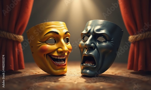 Artistic depiction of comedic and tragic theater masks on wooden table