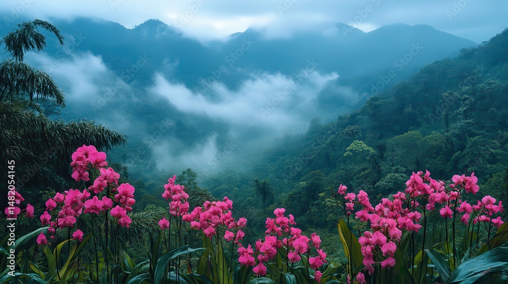 Fototapeta premium Pink flowers in jungle view with misty hills and cloudy skies. Ideal background for travel, nature, or inspirational designs.