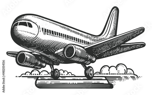Retro Vector Illustration of Airplane Taking Off in Sketch Style