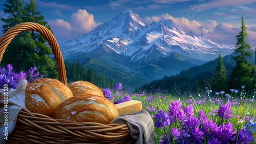 Rustic bread basket mountain meadow wildflowers idyllic alpine picnic fresh outdoor nature escape