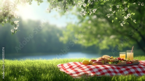 Idyllic summer picnic by the lake, fresh sandwiches and fruit on a checkered blanket under blooming branches, warm sunlight. Perfect for food blogs, summer lifestyle, or scenic backgrounds.