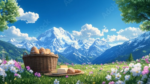 Picnic basket food summer mountain meadow flowers scenic idyllic fresh landscape nature background