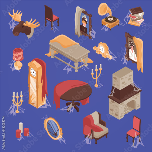 Old room interior set with old furniture and books isometric isolated vector illustration