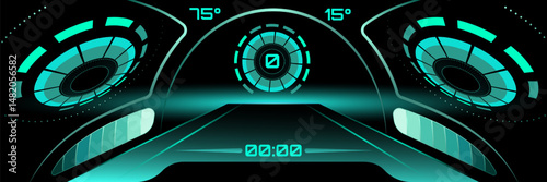 Futuristic neon artwork. Digital car dashboard with radial gauges and glowing control dial in teal hues. Surreal art collage. Vector illustration. Concept of vehicle interface, high-speed, innovation.