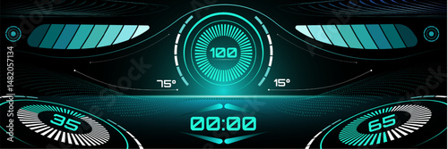 Surreal art collage. Cyber dashboard with central speed gauge, layered motion effects, and glowing indicators. Vector illustration. Concept of driving dynamics and acceleration, extreme sport.