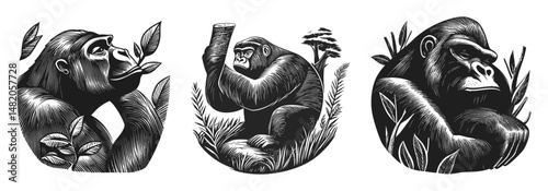 Black and White Artistic Illustration of Three Thoughtful Gorillas