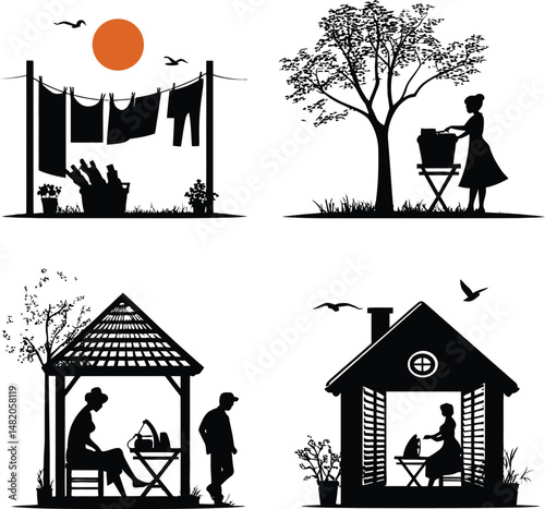 Backyard Activities Silhouette Vectors - Laundry, Relaxing, Gardening