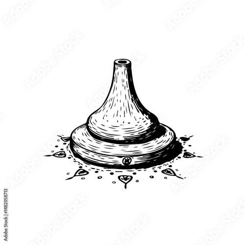 Monochrome ink drawing of ornate pedestal, with decorative elements and shadow