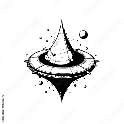 Stylized depiction of a cosmic object suspended in space with abstract features
