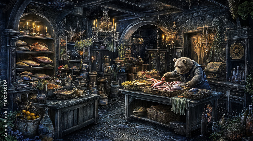 Dark medieval shop interior with bear vendor Dark medieval shop interior with bear vendor