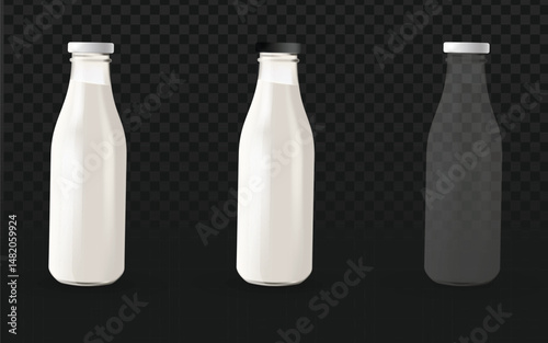 Realistic vector graphic of glass milk bottles, some full of white liquid, one empty, with black and white caps. Isolated packaging objects perfect for dairy or beverage mockup design projects.