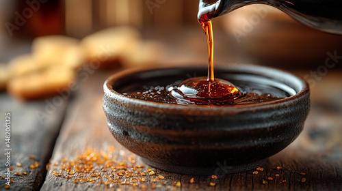 Dark brown syrup poured into a small bowl on a wooden table.