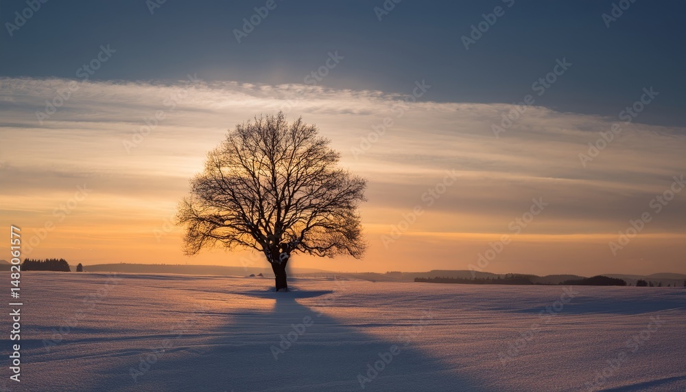 Fototapeta premium Lone Tree on Snowy Plain at Sunset with Soft Evening Light