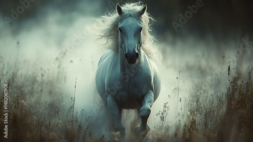 Majestic white horse galloping through misty field.