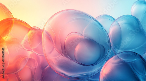 Abstract colorful translucent bubbles with soft gradients, close-up view.